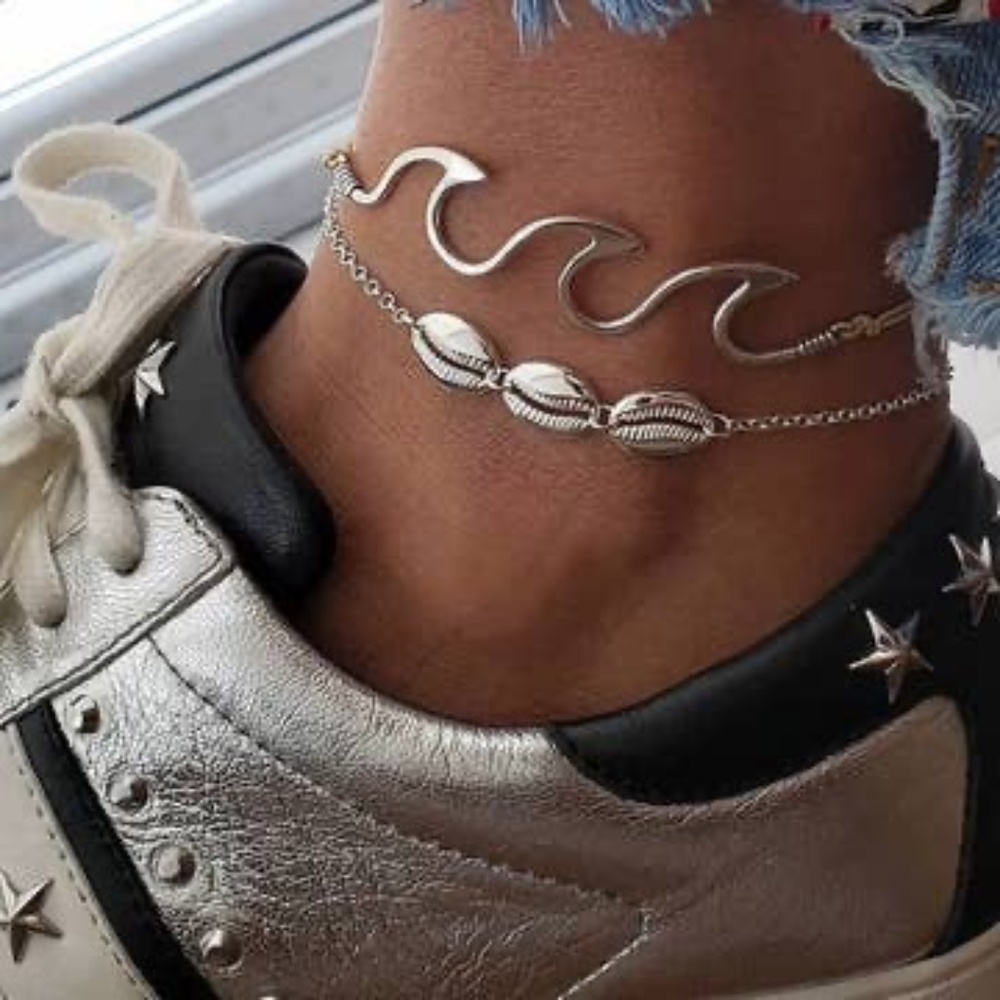 Silver Wave Shell Anklet or Bracelet Set